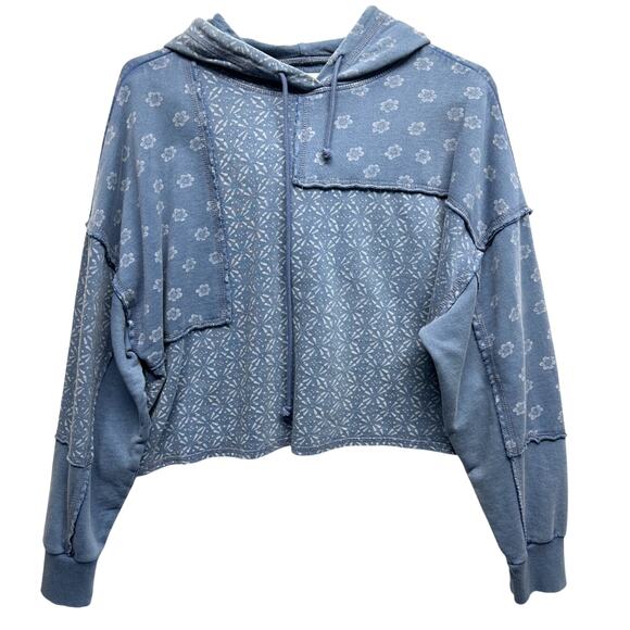 Lucky Brand Size XS OVERSIZED Washed Blue Hoodie Floral Distressed Sweatshirt - Picture 1 of 10